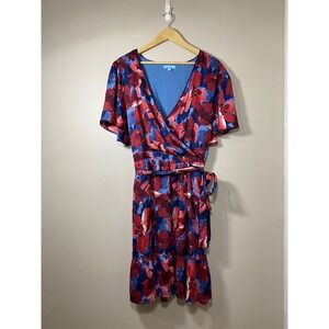 Draper James Floral Wrap Dress Red Blue Short Sleeve Ruffle Hem Size XXL Satin
